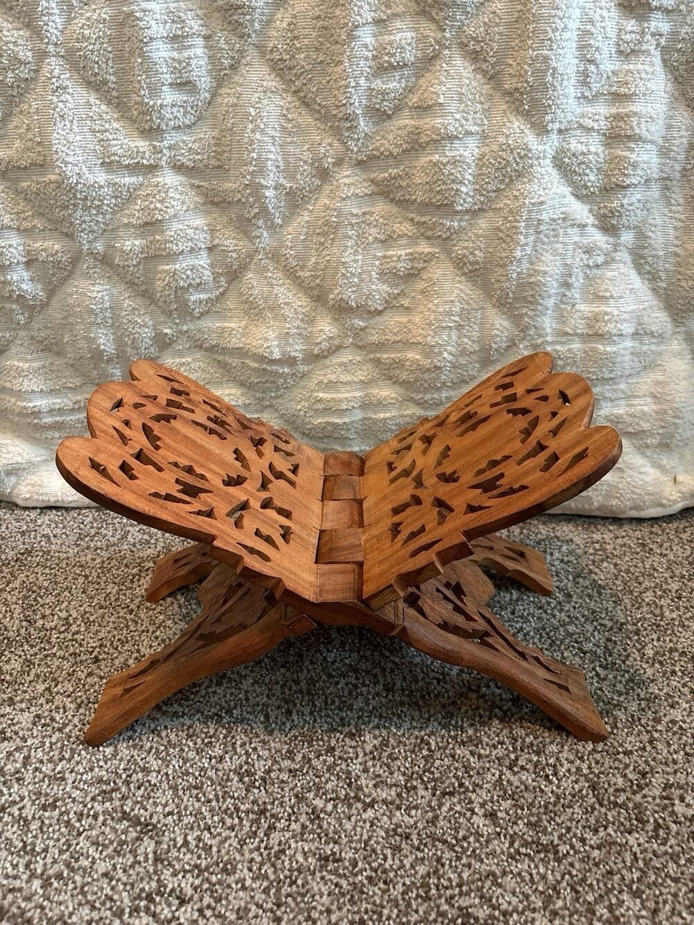 Vintage Hand-Carved Wood Folding Book Holder or Display Stand From India